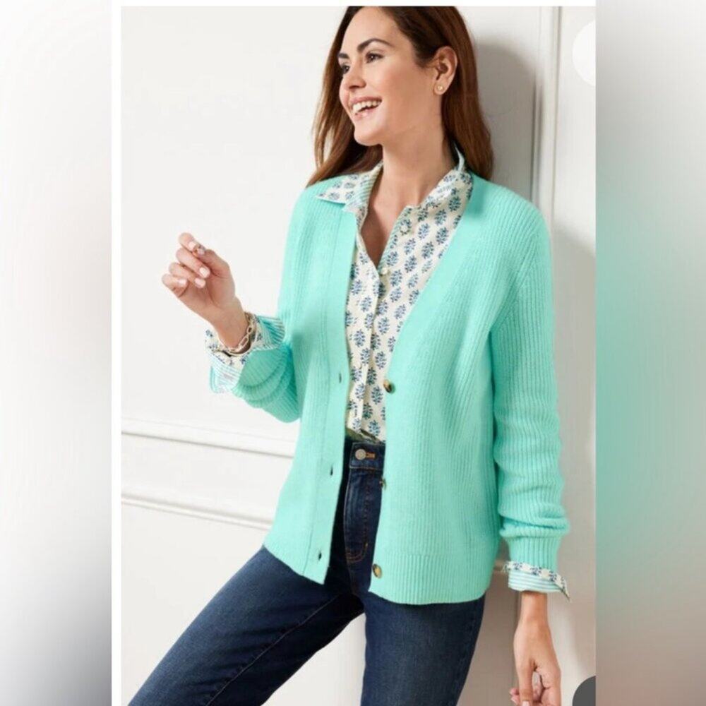 NWT Talbots Shaker Stitch Cuff Back Cardigan Aqua Blue sz X
